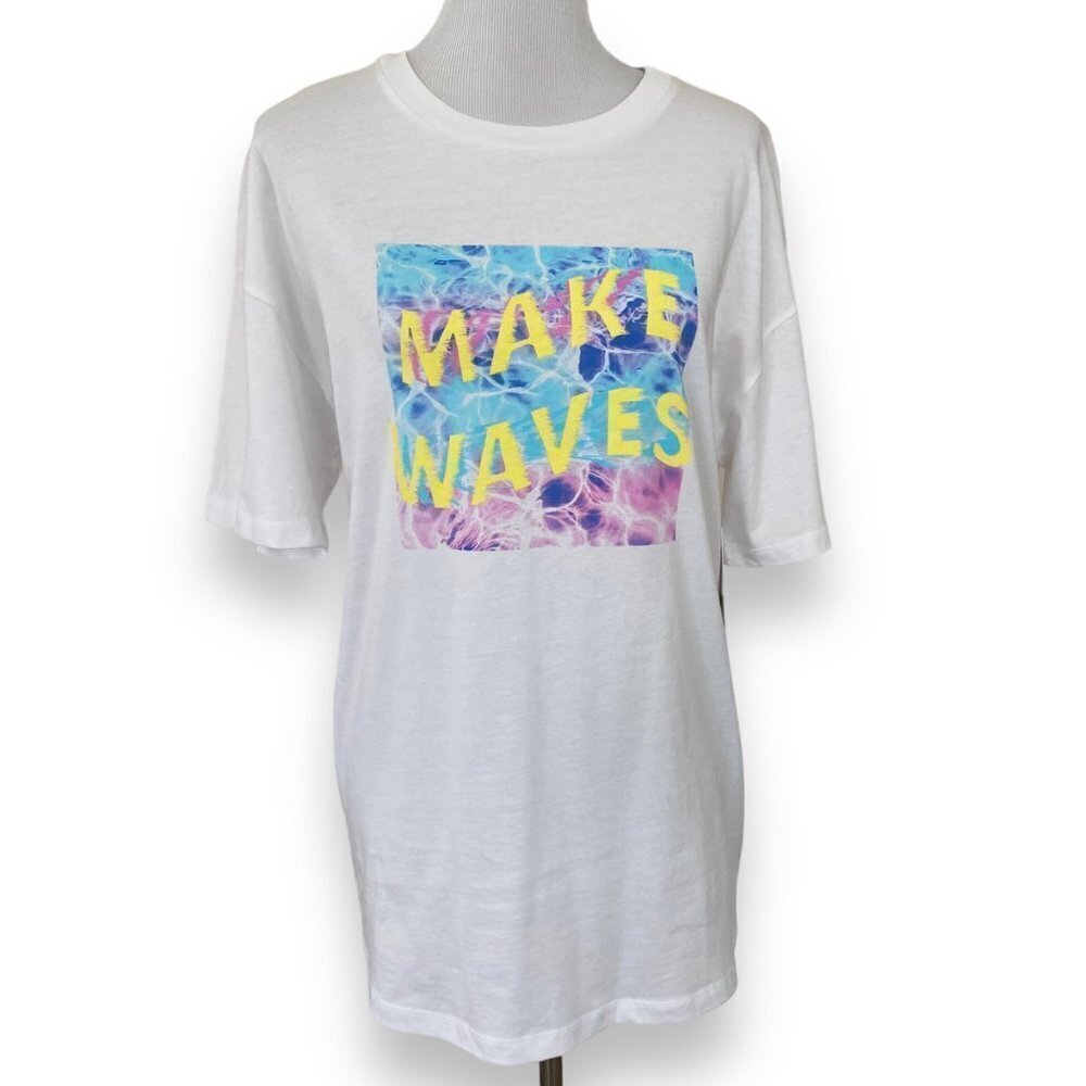 BP. White MAKE WAVES Oversized Short Sleeve Cotton T-Shirt Graphic Tee Small